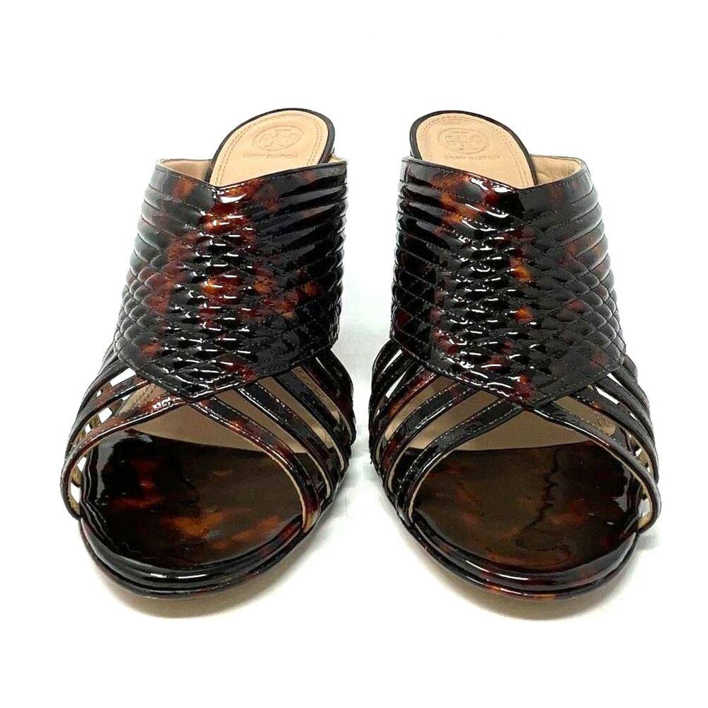 Tory Burch Brida Tortoiseshell Patent Leather Strappy Mule Heels Size 11M - Picture 2 of 10